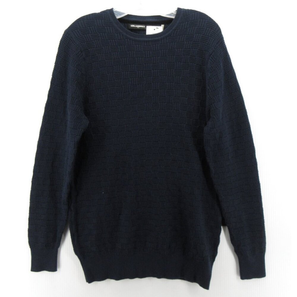 Karl Lagerfeld Sweater Small Navy Pullover Basketweave Cotton NEW